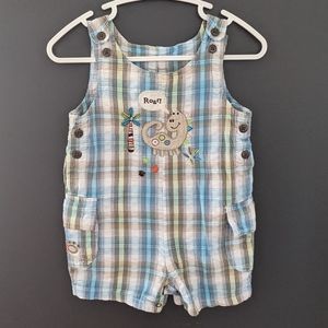 Plaid blue and green dinosaur shortalls